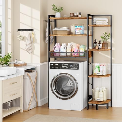K1 Heavy Duty 7-Tier Over The Toilet Storage（With Basket and Paper Hook）Freestanding Above Toilet Shelf with Adjustable Feet，Space Saver Bathroom Shelves 9.3"D x 33.5"W x 63.8"H，Rustic Brown - Image 2