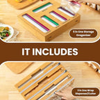 9-in-1 Bamboo Kitchen Drawer Organizer - Storage Bag Holder with Built-In Foil & Wrap Cutter Dispenser - Wooden Food Storage Bag Organizer for Gallon, Quart, Sandwich and Snack Sizes - Image 6