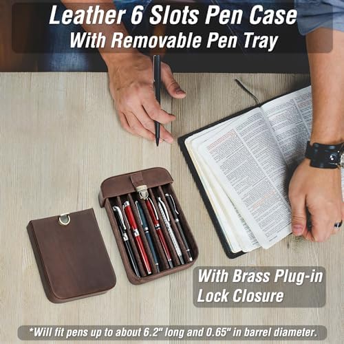 Top Grain Genuine Leather 6 Fountain Pen/Pencil Tray Case Holder, Handmade Minimalist Design, Brass Plug-in Lock with Drawer Design, Gift Choice for Man/Woman/Office, Matte Coffee, 6 Slots - Image 3