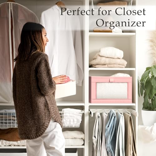 Criusia 4 Pack Linen Closet Organizers and Storage, Closet organizer Large Linen Closet Baskets for Organization, Foldable Storage Containers for Towels, Clothing, Jeans, Books, Shelves, Pink - Image 6