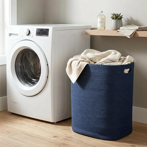 MEGASKET Large Laundry Hamper 16"x13"x22" - Tall Woven Baby Laundry Basket, Cotton Rope Dirty Clothes Hamper Bin, Blanket Storage for Living Room, Nursery Bedroom Aesthetic, Soft Dark Blue Hamper, 75L - Image 5