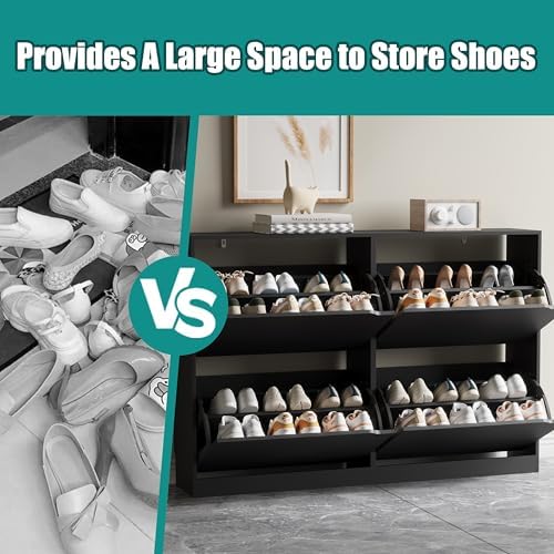 Xixini Shoe Storage Cabinet for Entryway with 4 Flip Drawers, Sturdy Wood Hidden Shoe Storage, Freestanding Narrow Slim Shoe Organizer for Front Door Entrance, Living Room, Hallway, Bedroom, Black - Image 5