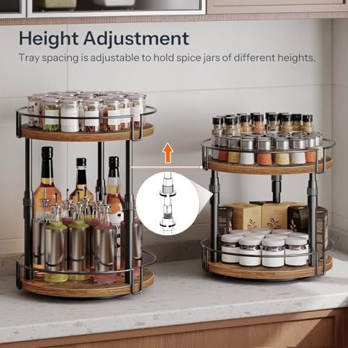 HOOBRO Lazy Susan Organizer Spice Rack, 2-Tier Height Adjustable Rotating Spice Organizer, for Kitchen Countertop and Cabinet, Rustic Brown BF05TL01 - Image 3