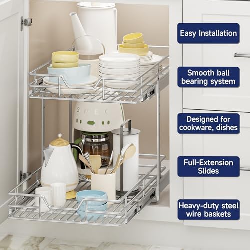 2-Tier Pull Out Cabinet Organizer, 16.5" W x 21.5" D, Heavy Duty Dual Slide Out Shelves for Base Cabinets, Chrome Wire Basket Drawer for Pantry, Kitchen & Bathroom Storage - Image 4