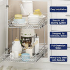 2-Tier Pull Out Cabinet Organizer, 16.5" W x 21.5" D, Heavy Duty Dual Slide Out Shelves for Base Cabinets, Chrome Wire Basket Drawer for Pantry, Kitchen & Bathroom Storage - Image 4