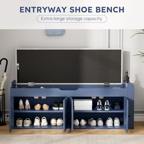 47.2" Storage Bench - Entryway Shoe Bench with Side Storage Shelves and 4 Doors, Multifunctional Entryway Bench with Lift Top Cushion, Shoe Storage Bench for Bedroom, Living Room, Navy Blue - Image 3