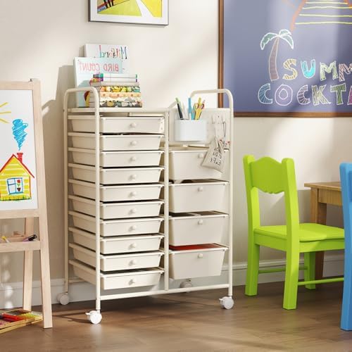 Giantex 14 Drawer Storage Cart, Rolling Craft Cart with Metal Tabletop & Pegboard, Mobile Utility Organizer Trolley with Locking Wheels, Home Office, Ivory - Image 4