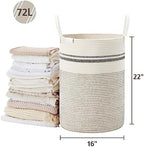 VIPOSCO 72L Tall Woven Rope Laundry Hamper, Leather Handles, Stripe White - Image 5