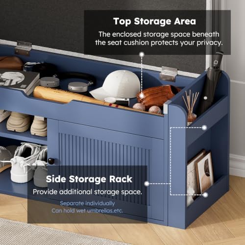 39.4" Storage Bench - Entryway Shoe Bench with Side Storage Shelves and 2 Doors, Multifunctional Entryway Bench with Lift Top Cushion, Shoe Storage Bench for Bedroom, Living Room, Navy Blue - Image 5