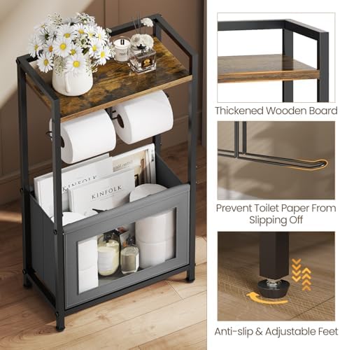 Toilet Paper Holder Free Standing with Storage Basket, Bathroom Tissue Holder Stand with Top Wood Shelf for Phones, Wet Wipes, Small Plants, Metal Toilet Paper Rack for Bathroom Organizer, Black - Image 5