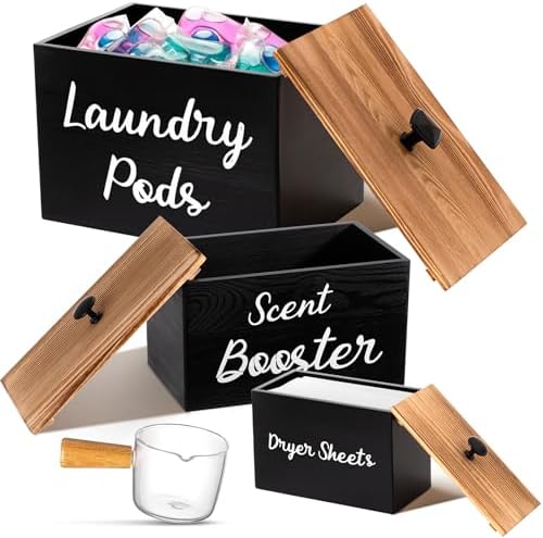 Dandat 3 Pcs Wood Laundry Pods Container Farmhouse Decoration Laundry Room Organization and Storage, Rustic Dryer Sheet Holder Scent Booster Container Set with Scoop(Black) by Dandat