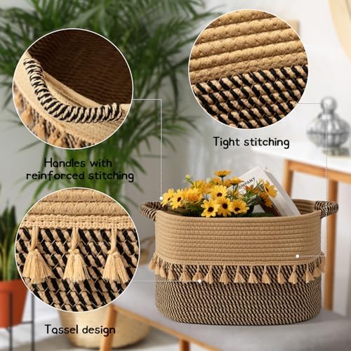 TeoKJ Set of 3 Baskets for Organizing, Decorative Rope Baskets for Storage, Storage for Pets, books, Pillows, Toys & Cloths, Black & Jute - Image 3