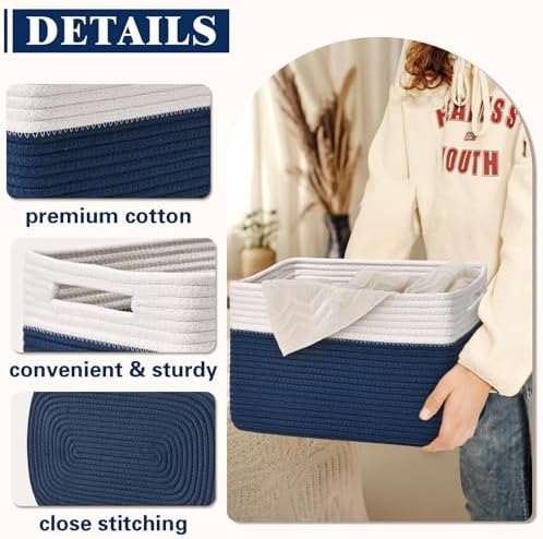 Storage Baskets for Organizing, 4 Pack Baskets for Shelves, Decorative Storage Bins for Shelves, Cotton Rope Storage Basket with Handles, Woven Basket for Storage, 13''Lx8.7''Wx7.9''H, White & Blue - Image 5