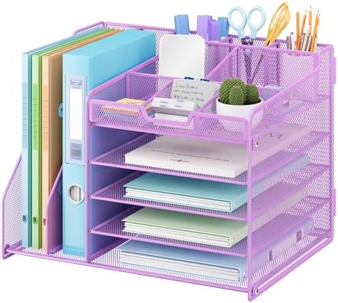 Lavatino 5-Tier Desk Organizer with 2 File Holders, Metal Adjustable Paper Letter Tray for Office or Home Desk Organizers and Accessories | 7 Flexible Dividers Keep Workspace Supplies Neat, Purple by Lavatino