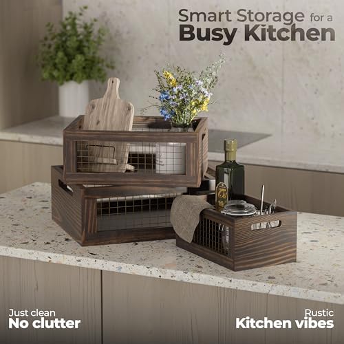 Set of 3 Extra Large Wooden Nesting Countertop Baskets, Rustic Wood Storage Organizer for Kitchen, Pantry or Bathroom – Fruit, Vegetables, Bread Crates with Handles (Largest 16") - Image 5