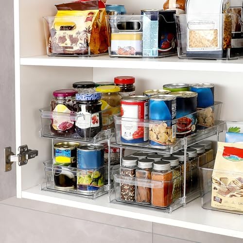 2 Set, 2 Tier Clear Organizer with Dividers for Cabinet, Shlef, Counter - MultiUse Slide-Out Storage Container - Kitchen, Pantry, Medicine Cupboard Bins, Bathroom, Vanity Makeup, Under Sink Organizing - Image 5