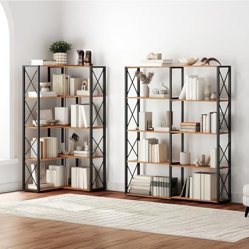 HOOBRO Corner Bookshelf, 5-Tier Industrial Corner Bookcase, Open Display Storage Rack, Vertical or L-Shaped, for Office, Living Room, Bedroom, Rustic Brown and Black BF66SJ01 - Image 2