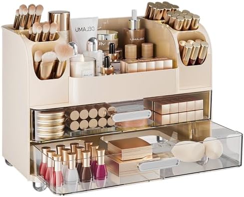 Delamu Large Makeup Organizer Countertop with 6 Brush Holders, Cream White by DELAMU