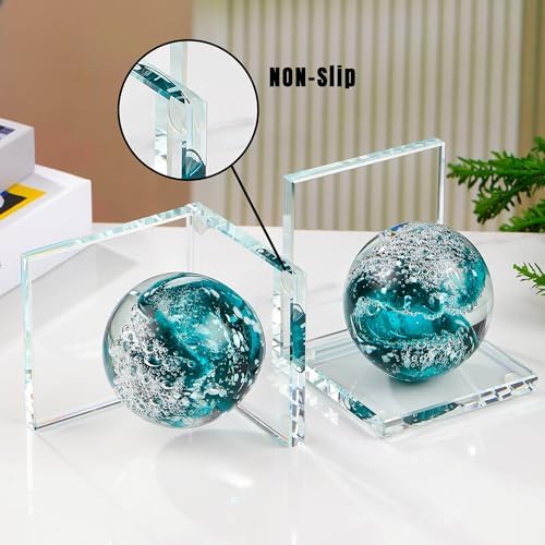 Glass Book Ends for Shelves, Dark Blue Hand Blown Sea Wave Ball, Set of 2 - Image 4
