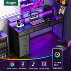 Huuger Gaming Desk with 6 Drawers, Computer Desk with LED Lights Power Outlets and Type-C, 47 Inch Office Desk with Storage, Monitor Stand, Writing Desk Work Desk Home Office, Bedroom, Black - Image 4