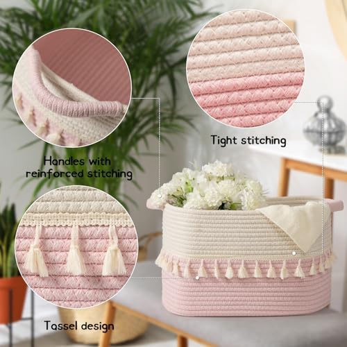 TeoKJ Storage Baskets 3 Packs, Storage Basket for toys,Towel, Storage Bins, Woven Basket for Shelves Bedroom Laundry Nursery, White & Pink - Image 3