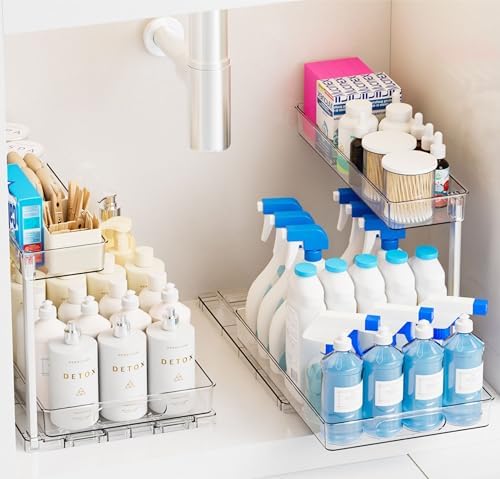 Yieach 2 Pack 14.6″ Deep Pull Out Under Sink Organizer,12.8″ High 2 Tier Slide Out Cabinet Organizer for Kitchen Cabinet,Undersink Organizers,Under Sink Shelves,Bathroom Organizers and Storage,Clear by Yieach