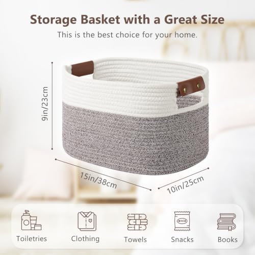 ECDYQXVU 15x10x9 Woven Cotton Rope Storage Basket, Leather Handles 2 Pack - Image 4