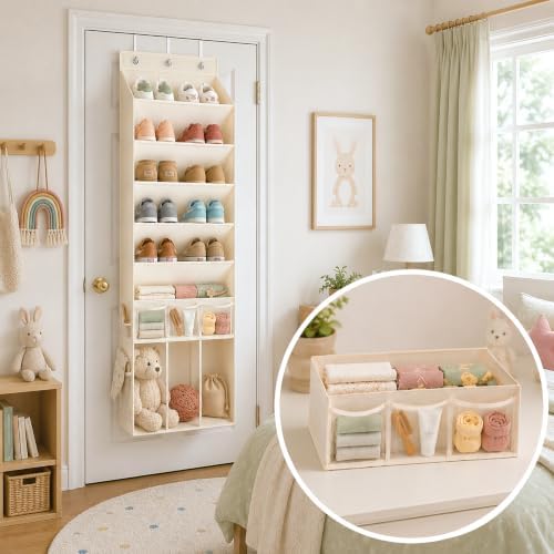 3in1 Over The Door Shoe Organizer with 5 Slanted Compartments,Removable Storage Bin & Transparent Pockets,Thickened Waterproof Oxford Fabric Shoes Rack for Shoes,Boots,Toys,Daily Essentials. (Beige) - Image 4