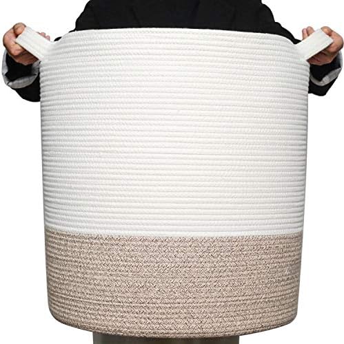 MINTWOOD Design 83L Extra Large 20x18 Inches Decorative Woven Cotton Rope Basket, Tall Laundry Basket Hamper, Blanket Basket for Living Room, Round Storage Baskets for Pillows, Towels, Light Brown by MINTWOODDesign