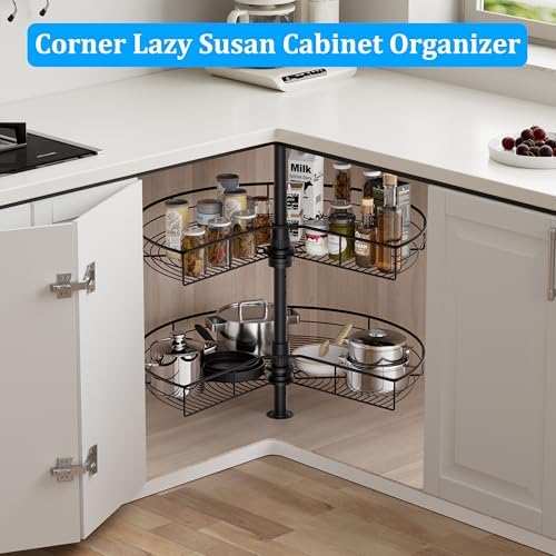 Corner Cabinet Lazy Susan, HANKEY Kitchen Corner Cabinet Organizer with 360° Rotating Metal Turntable，2-Tier Kidney-Cut Shaped Lazy Susans with 22.3~31.1in Height Adjustment,Black - Image 2