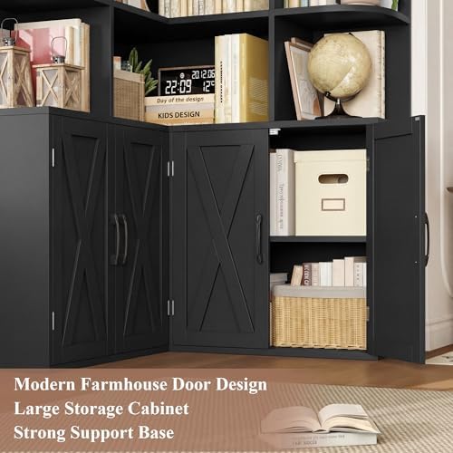 FINETONES 74" Tall Corner Bookshelf, Black Bookshelf with Doors - Image 6
