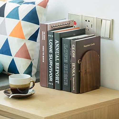Large Bookend Hold Heavy Books-7x4x5in 3 Pack Non-Skid Wood Bookends Walnut - Image 2