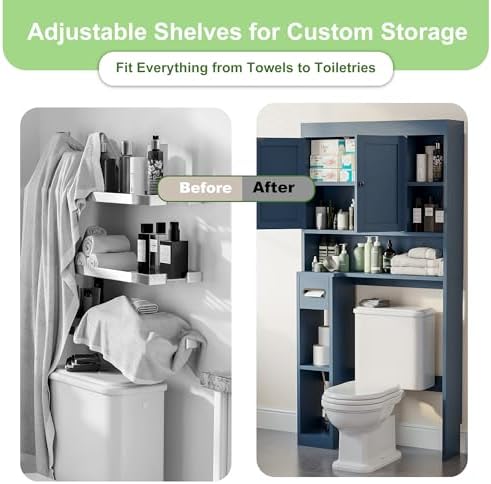 Over The Toilet Storage Cabinet with 7 Shelves, Imitation Walnut Grain Above Toilet Bathroom Organizer with Toilet Paper Holder Stand, Space Saver for Restroom, Laundry, Bathroom (Navy Blue) - Image 5