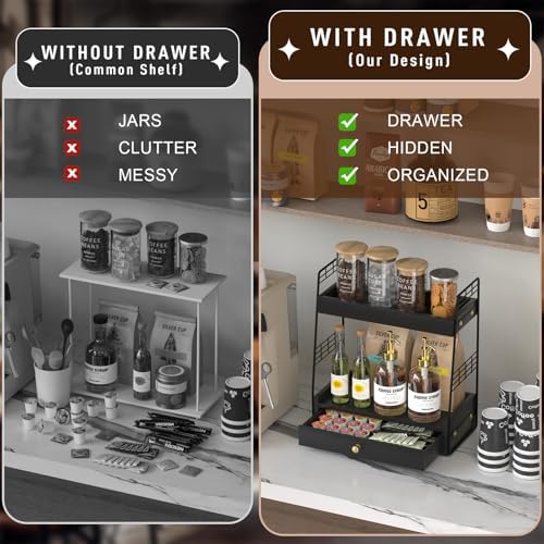 Coffee Bar Station Organizer with Drawer, 2-Tier Countertop Shelf (Black) - Image 3