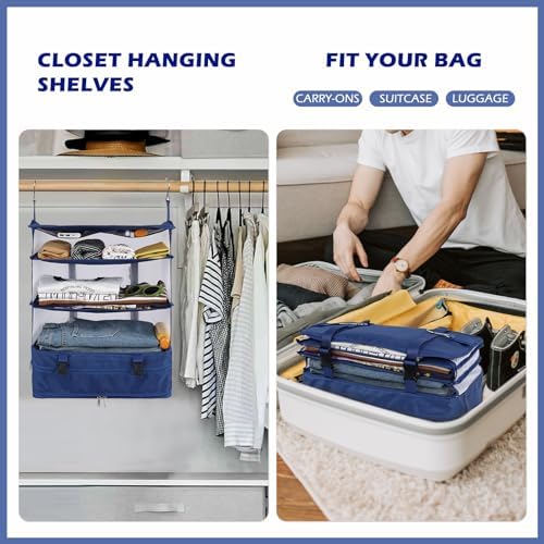 Surblue Hanging Closet Storage Bag Collapsible 3-Shelf Washable Oxford Fabric with 2 Hooks (XL 17.71 * 11.81 * 20in, Blue) - Image 2