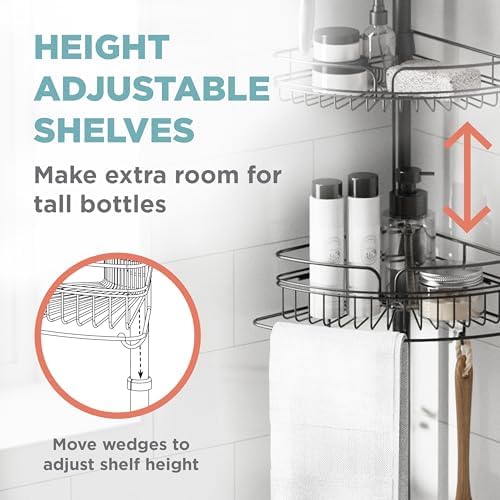 Zenna Home Tension Pole Shower Caddy Corner Organizer, Adjustable Standing Shower Caddy with 4 Baskets and Built in Towel Bar, Rust Resistant Bathroom Tension Rod Organizer, 60 to 97 Inch, Matte Black - Image 4