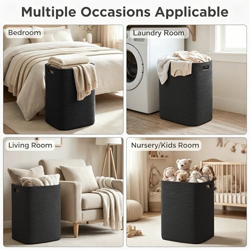 MEGASKET Large Laundry Hamper 16"x13"x22" - Tall Woven Laundry Basket, Cotton Rope Dirty Clothes Hamper, Baby Kids Nursery Wicker Laundry Basket, Bedroom Aesthetic, Soft Laundry Bin, Black Hamper, 75L - Image 7