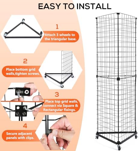 Triangular Gridwall Panel Display Stand, 3-Sided Grid Tower with Base and Casters, 2'x5.5' Floorstanding Wire Grid Rack, Black - Image 6
