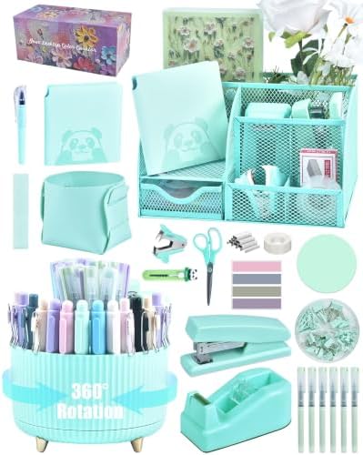 Green Desk Accessories and Organizers with Desk Organizer and 360°Rotating Pen Holder stapler Pen and a Lot of Office Green Office Supplies Beautifully Presented in a Gift Box by Vamrak
