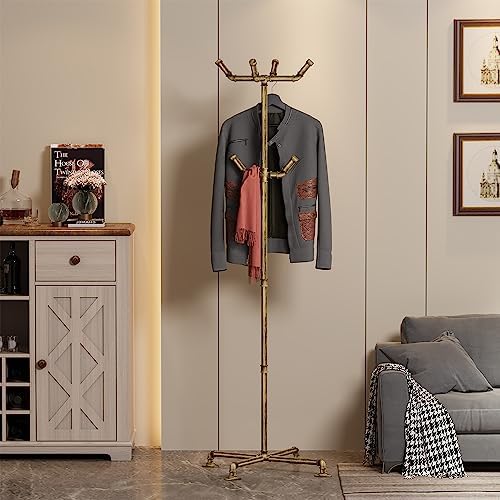 Industrial Coat Rack, Metal Pipe Coat Rack Stand Freestanding with 6 Hooks, Heavy Duty Coat Tree Sturdy Coat Racks for Entryway, Hallway, Bedroom (Vintage gold) - Image 2