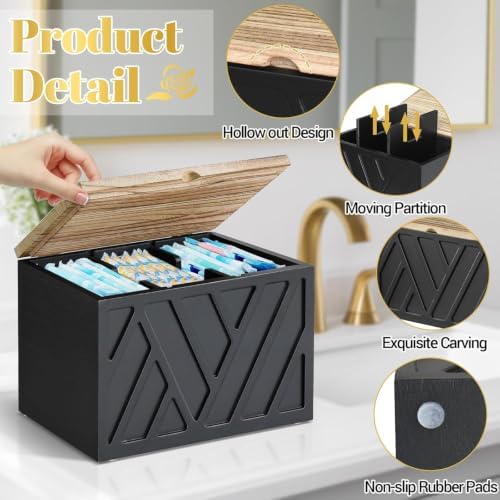Tampon Holder for Bathroom Decor, Feminine Product Organizer with Lid and Drawer, Shark Week Tampon Storage, Wood Pad and Tampon Organizer for Toilet Organizer, Bathroom Accessories Box for Girl Stuff - Image 6