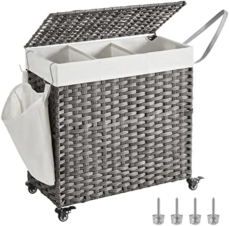 SONGMICS Rolling Laundry Hamper with Lid, 145 L 3-Section Synthetic Rattan by SONGMICSbySONGMICSHOME