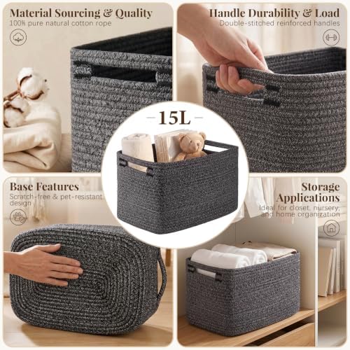 OIASKET 4Packs Natural Cotton Rope Storage Baskets for Organizing Toys, Clothes, Towels & Books, Soft Versatile Organizers for Shelves, Home Decorative Bins, 13''Lx9''Wx7.8''H, Black and White - Image 3