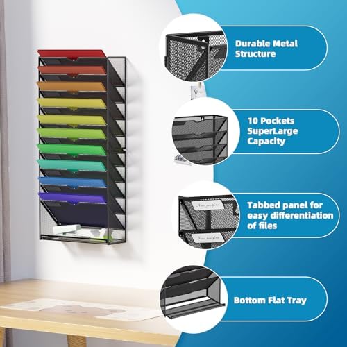 Marbrasse Wall File Holder 11-Tier Hanging Wall File Organizer, for Papers, Files Clipboard & Magazine Organizer, Wall Mount File Holder Great for Office Home (Black) - Image 3