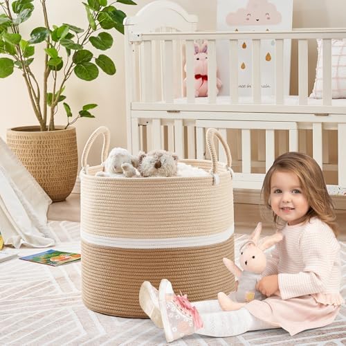 KAKAMAY Large Blanket Basket (18"x18"x16"),Woven Baby Laundry Hamper for Storage, Cotton Rope Blankets Baskets for Nursery, Laundry, Living Room, Pillows, Baby Toy chest with Handles (Light Brown) - Image 5
