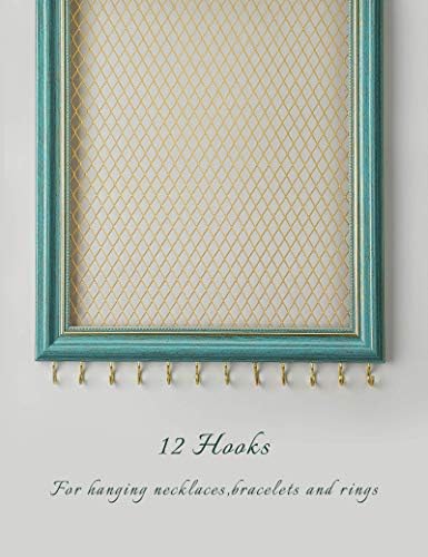 Heesch Hanging Earring Organizer Frame Wall Mounted Jewelry Holder Vintage Rustic Stud Earring Display with Removable Rod and 12 Hooks for Necklaces, Bracelets and Rings (Teal) - Image 4