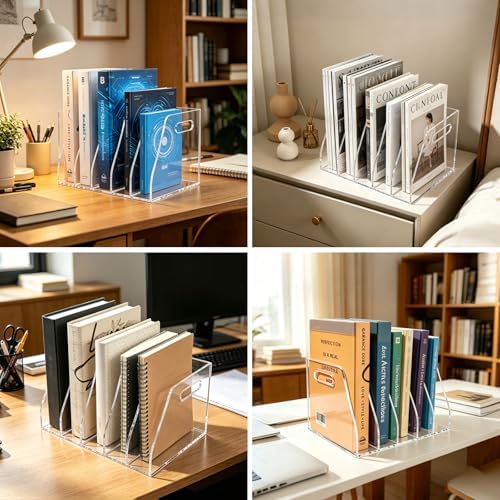 Acrylic Magazine File Holder with Carrying Handle, 5 Vertical Compartments Desk File Organizer, Clear File Sorter for Office, Magazines, Books, B5 Size - Image 7