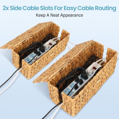 efluky 2 Pack Water Hyacinth Floor Cord Covers with Lid, Hand-woven Cable Management Box, 2 Open Slots Cord Box to to Hide USB Wire, Power Strip & Charger for Home & Office and Dorm, Natural - Image 4