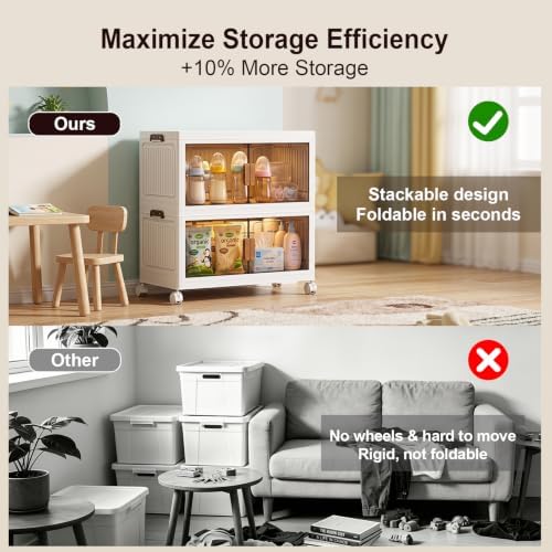 48QT Stackable Storage Bins With Lids, Collapsible Plastic Storage Bins with Wheels and Doors, Foldable Plastic Cabinets for Bedroom Dorm Garage Office Kitchen, 2 Pack - Image 4
