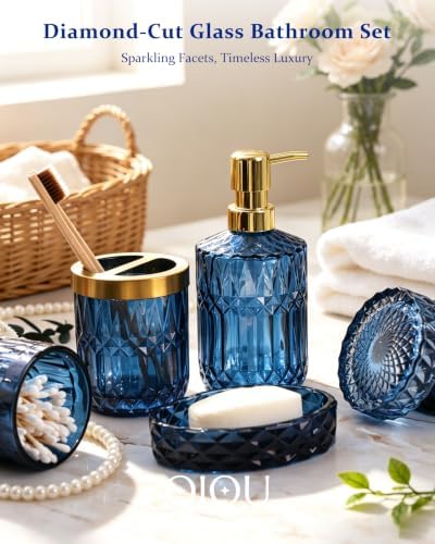 Bathroom Accessories Set, 5Pcs Glass Bathroom Accessories, Soap Dispenser, Soap Dish, Toothbrush Holder Set, Tumbler, Qtips Holder for Vintage Crystal Bath Decor (Navy Blue) - Image 2